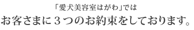 「愛犬美容室はがわ」ではお客さまに３つのお約束をしております。