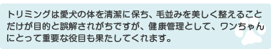 トリミングは愛犬の体を清潔に保ち毛並みを美しく整えることだけが目的と誤解されがちですが、健康管理としてワンちゃんにとって重要な役目も果たしてくれます。