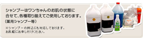 シャンプーはワンちゃんのお肌の状態に合せて、各種取り揃えてご使用しております。（薬用シャンプー等）
